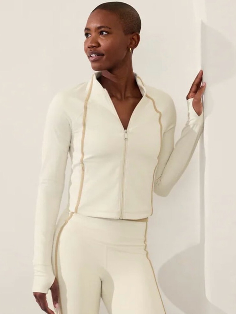 Athleta Bone/Cream Zip-Front Long Sleeve Jacket With Tan Piping Nwt